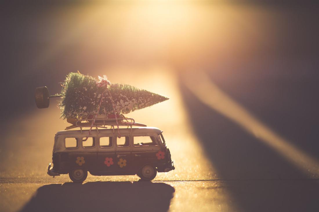 Ein Spielzeugbus mit Blumenmustern transportiert einen Weihnachtsbaum auf dem Dach. Die Szene ist in warmes Licht getaucht, was eine gemütliche Atmosphäre schafft.